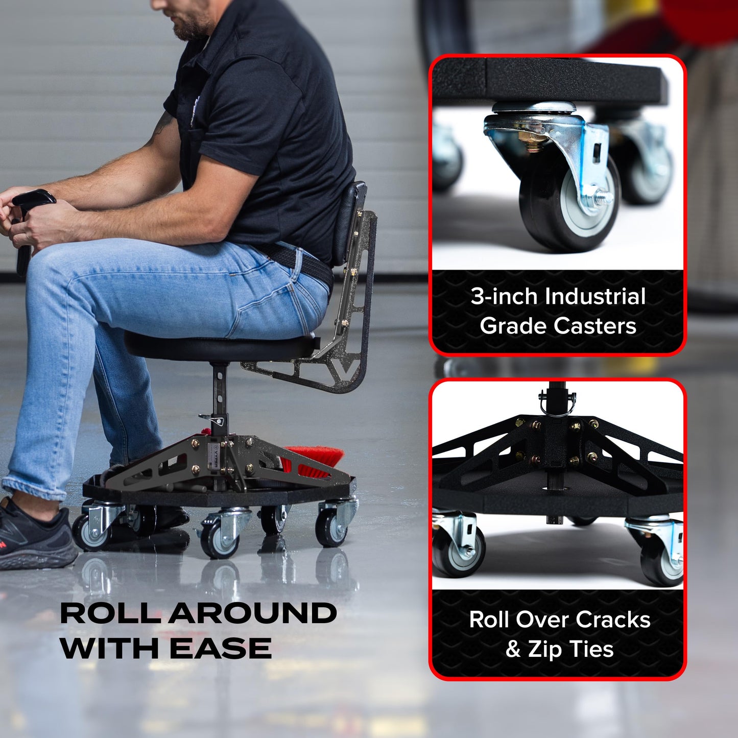 Vyper Robust Steel Sport Shop Chair for Mechanics, Automotive, DIY - 300 lb Capacity Garage Stool with Backrest & Large Wheels (Black Seat, Black Frame)