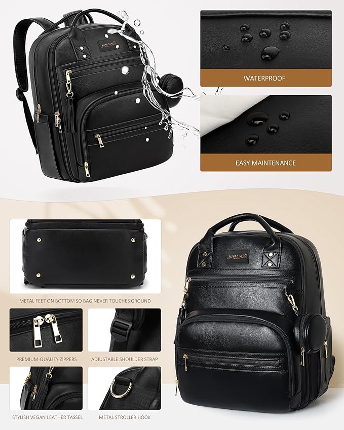 Premium Vegan Leather Diaper Bag Backpack with Waterproof Changing Pad, Reinforced Zippers & Odor-Free, 20 Pockets Pro Organizer, Fits 15.6" Laptop, Stroller Straps, Baby Bag for Mom, Black