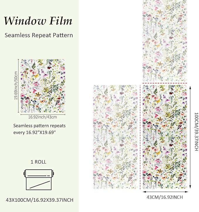 Rainbow Suncatcher Floral Window Film, Privacy Iridescent Static Cling Double-Sided Decals for Window Door Glass Decor, Spring Colorful Flower, 39.37" x 16.93"