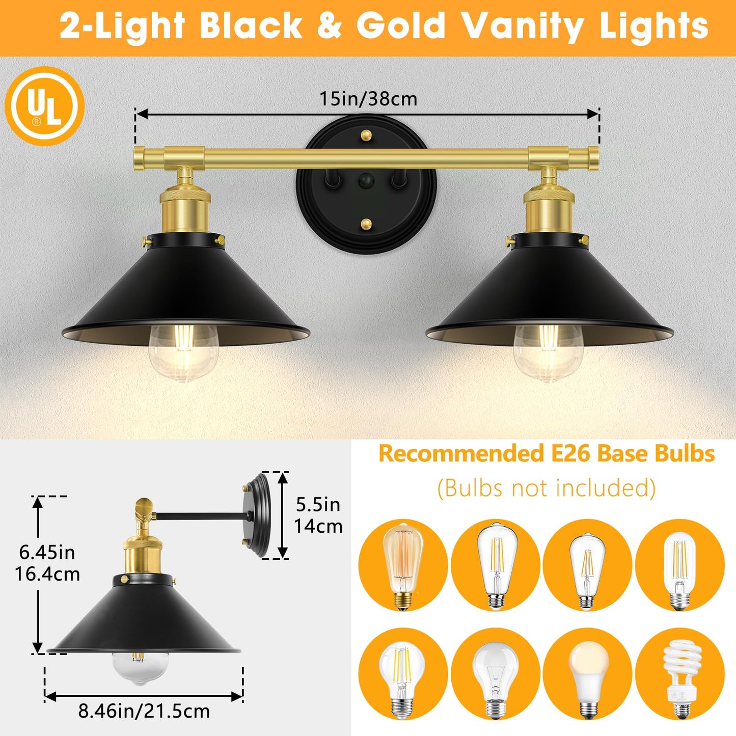 Licperron 2-Light Vanity Light Fixtures, Metal, Black & Gold, Industrial Design for Bathroom, Kitchen, Bedroom, Hallway