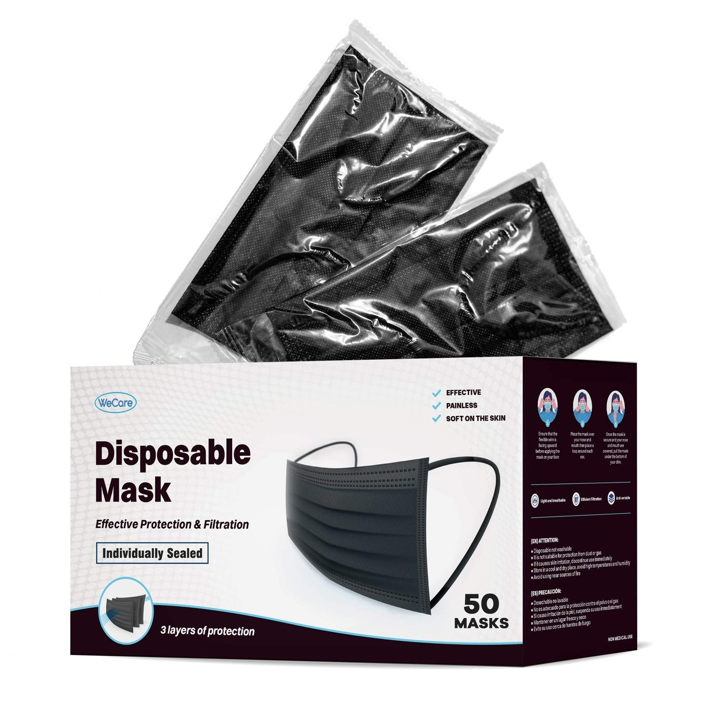 WECARE Black Face Masks Disposable - Individually Wrapped - 50 Pack, Black Masksfor Adults 3 Ply