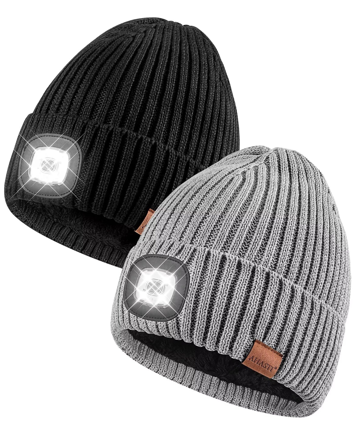 AHASTI Beanie with Light, 2 Pack, Rechargeable Knitted Caps, One Size, Black & Light Gray, Model ZH-201