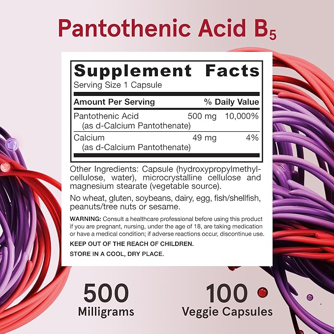 Jarrow Formulas Pantothenic Acid B5 500 mg, Dietary Supplement, Vitamin B5 for Adrenal Hormone Support and Cellular Energy Metabolism, 100 Veggie Capsules, 100 Day Supply