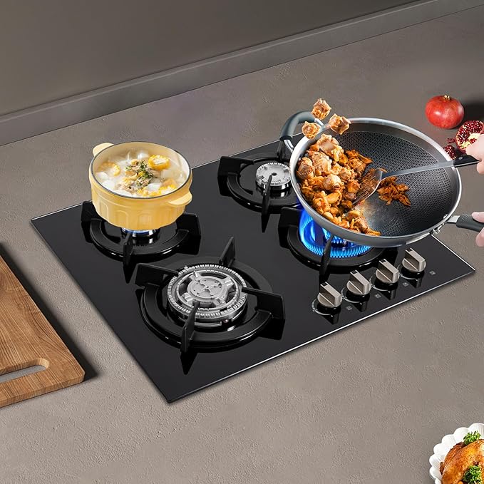 4-Burner NG Stove, Built-in Countertop Gas Stove with Tempered Glass, Electronic Pulse Ignition, High Precision Fire Control, and Detachable Pot Brackets