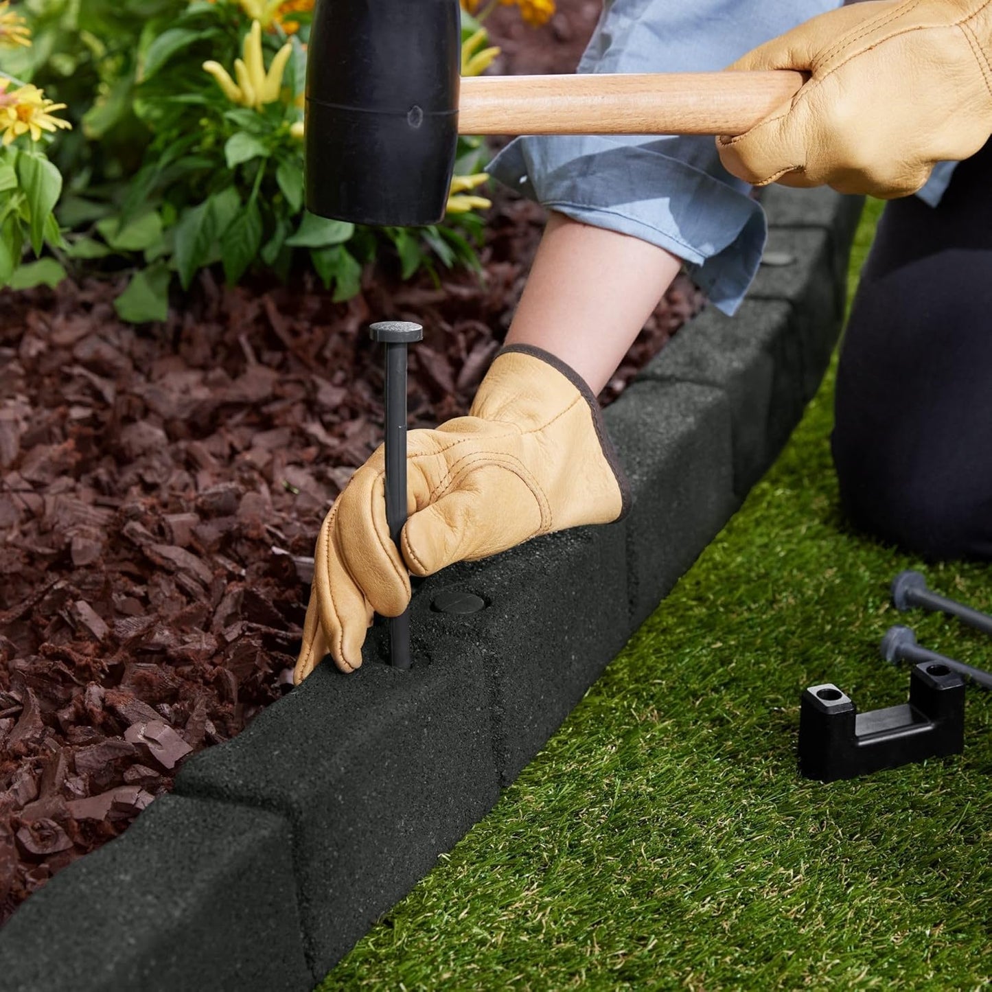 Rubberific 4' Rubber Cobblestone Flexible No Dig Landscape Mulch Border Edging with Anchoring Spikes for Lawns, Gardens, and Flower Beds - 4 Pack (Gray)