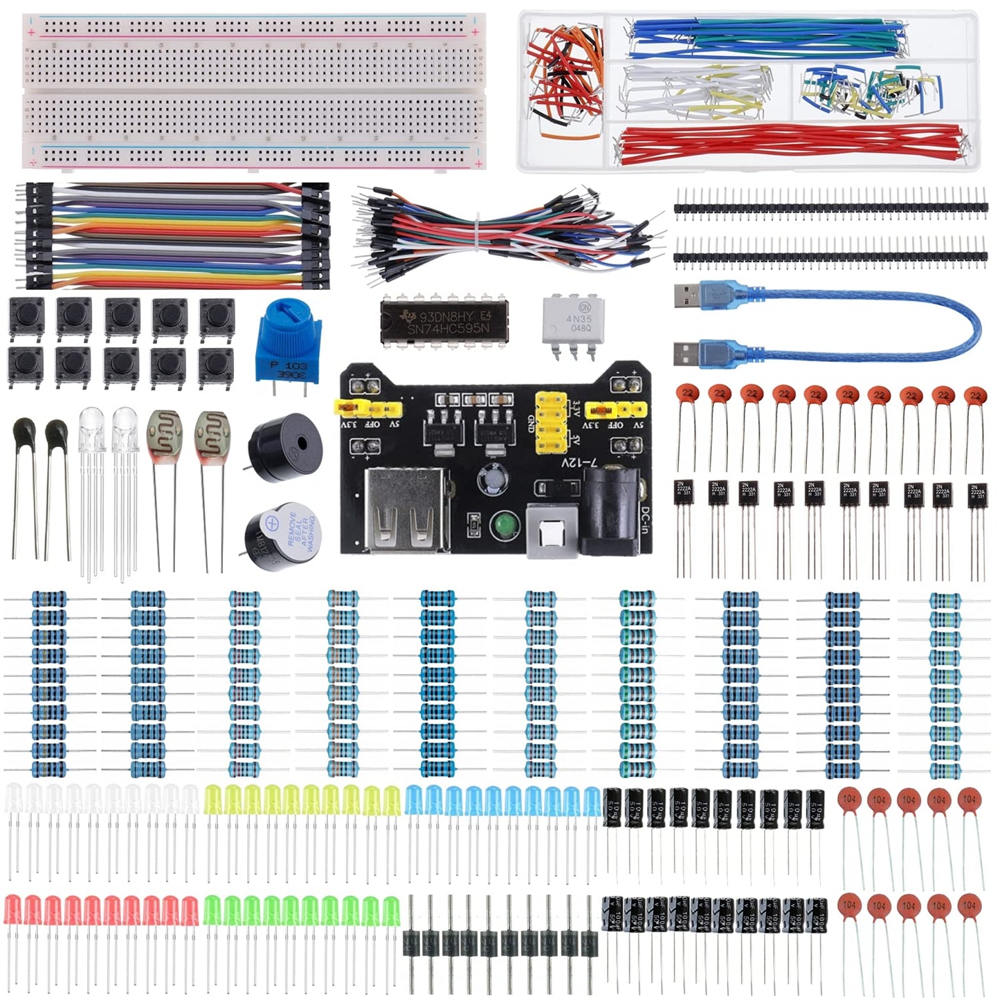 BOJACK 37 Values 480 Pcs Electronics Component Fun Kit with Power Supply Module, Jumper Wire,Precision Potentiometer,830 tie-Points Breadboard Compatible with STM32,Raspberry Pi,Arduino