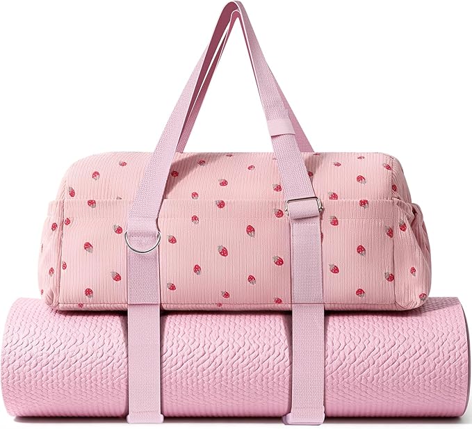 Hihealer Strawberry Gym Bag for Women & Girls, Corduroy Yoga Mat Bag with Holder, Large Capacity Dance Duffel Bag for Pila...