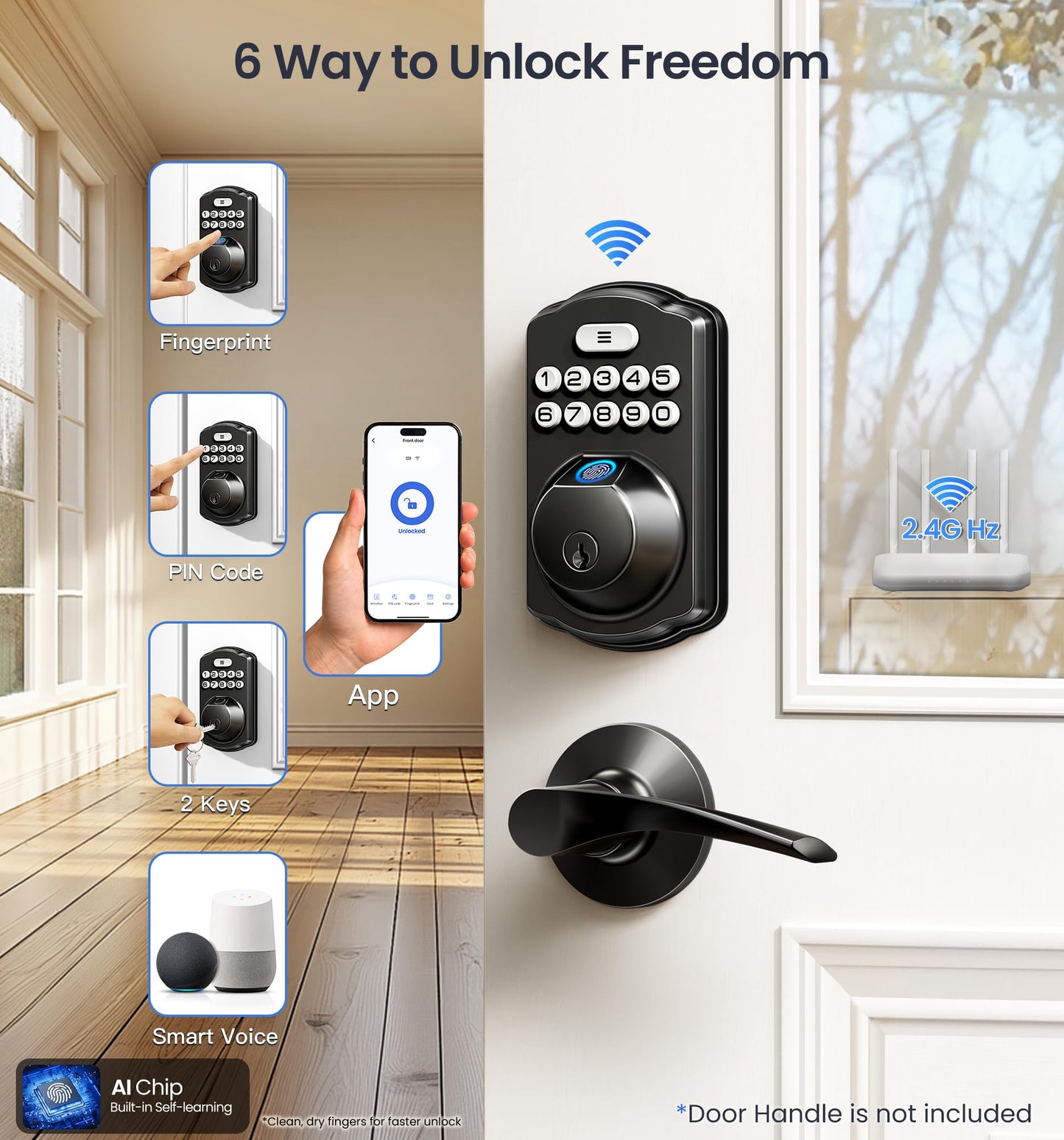 Veise VE012W Built-in WiFi Fingerprint Smart Lock, App Remote Control, No Hub Needed, Keyless Entry, Front Door Smart Deadbolt, Digital Keypad, Auto Lock, IP55 Waterproof, BHMA Grade 3, Matte Black