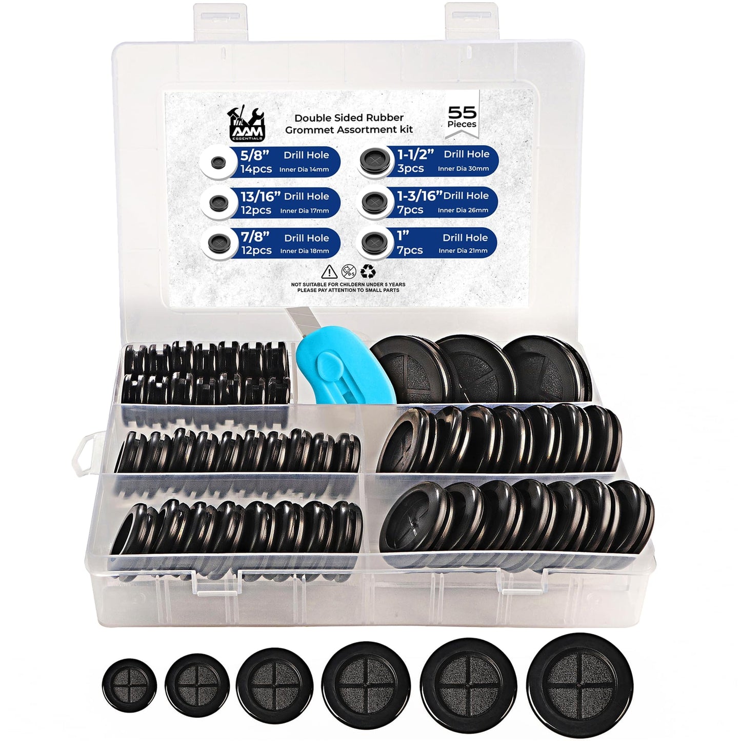 55Pcs Rubber Grommets kit, Firewall Hole Plugs in 6 Assorted Sizes 5/8",13/16",7/8",1",1-3/16",1-1/2"- Round Rubber Grommets for Wiring & Waterproof Wire Grommet kit - Ideal Wire Protection Solution