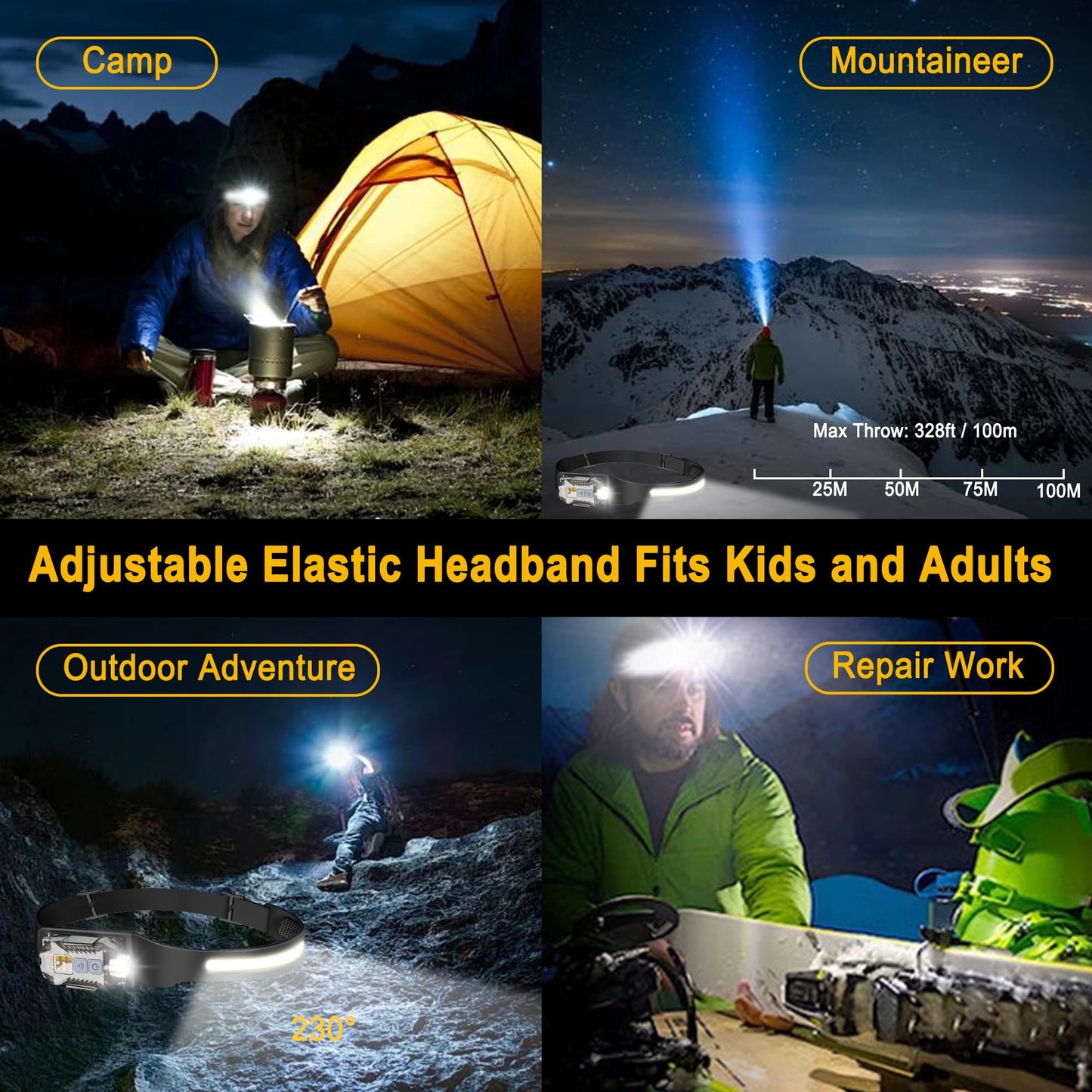 Head Lamp Led Rechargeable  230 Wide Beam Sensing Cob Headlamp Flashlight Detachable  9 Light Modes  Hard Hat Lamp  Ip65 Waterproof 400 Lumens For Camping  Hiking  Fishing  Working  Gift (Black)