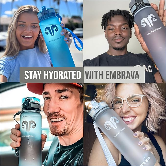 Embrava Sports Water Bottle - 32oz Large - Fast Flow Quick Sip Lid - BPA & BPS Free - Leakproof, Flip Top - Lightweight & Sturdy Tritan Plastic - Strainer for Fruit & Ice