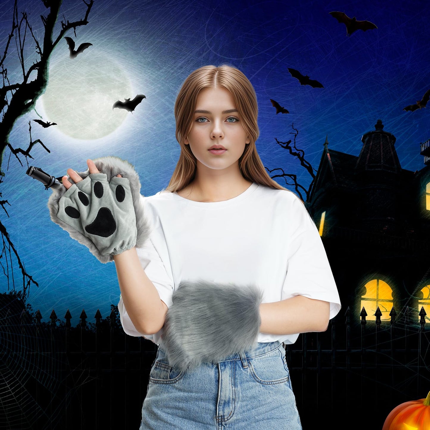 Jmkcoz Wolf Paw Gloves Faux Fur Plush Fingerless Fox Cat Gloves Animal Cosplay Halloween Fancy Party Costume Accessories