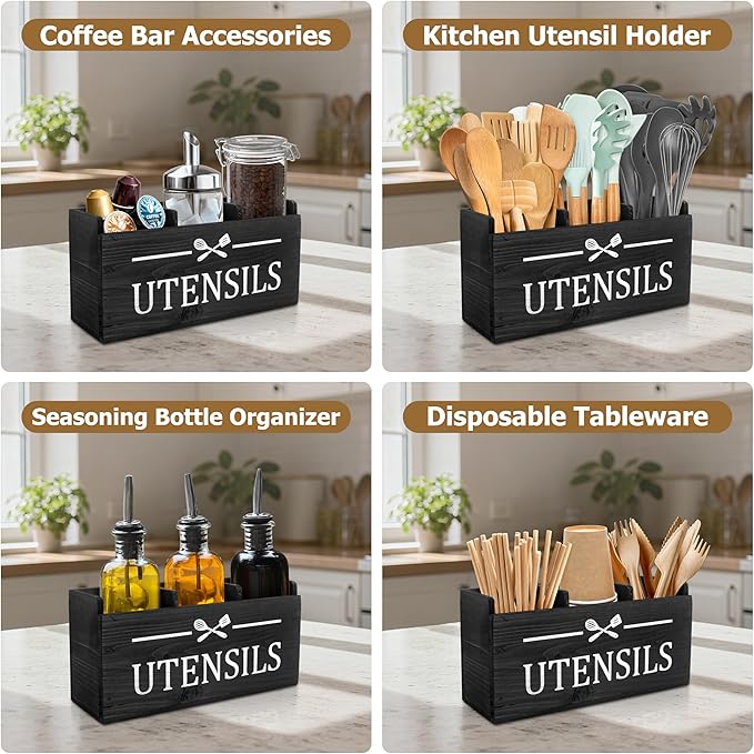RedCall Wooden Kitchen Utensil Holder for Counter-top,Large Utensil Organizer for Storage Cooking Tool and Silverware,Extra Large Rustic Wood Container (Black)