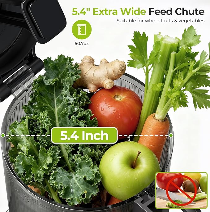 Cold Press Juicer, 5.4" Extra Wide Feed Chute Juicer Machines for Whole Vegetables & Fruits, 98% High Juice Yield, Easy Clean & Install, Compact Slow Masticating Juicer with 300W, Grey