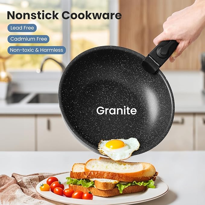 12 Pcs Pots and Pans Set, Nonstick Kitchen Cookware Sets Detachable Handle, Induction Healthy Non Stick RV Cookware, Dishwasher ＆ Oven Safe, Black