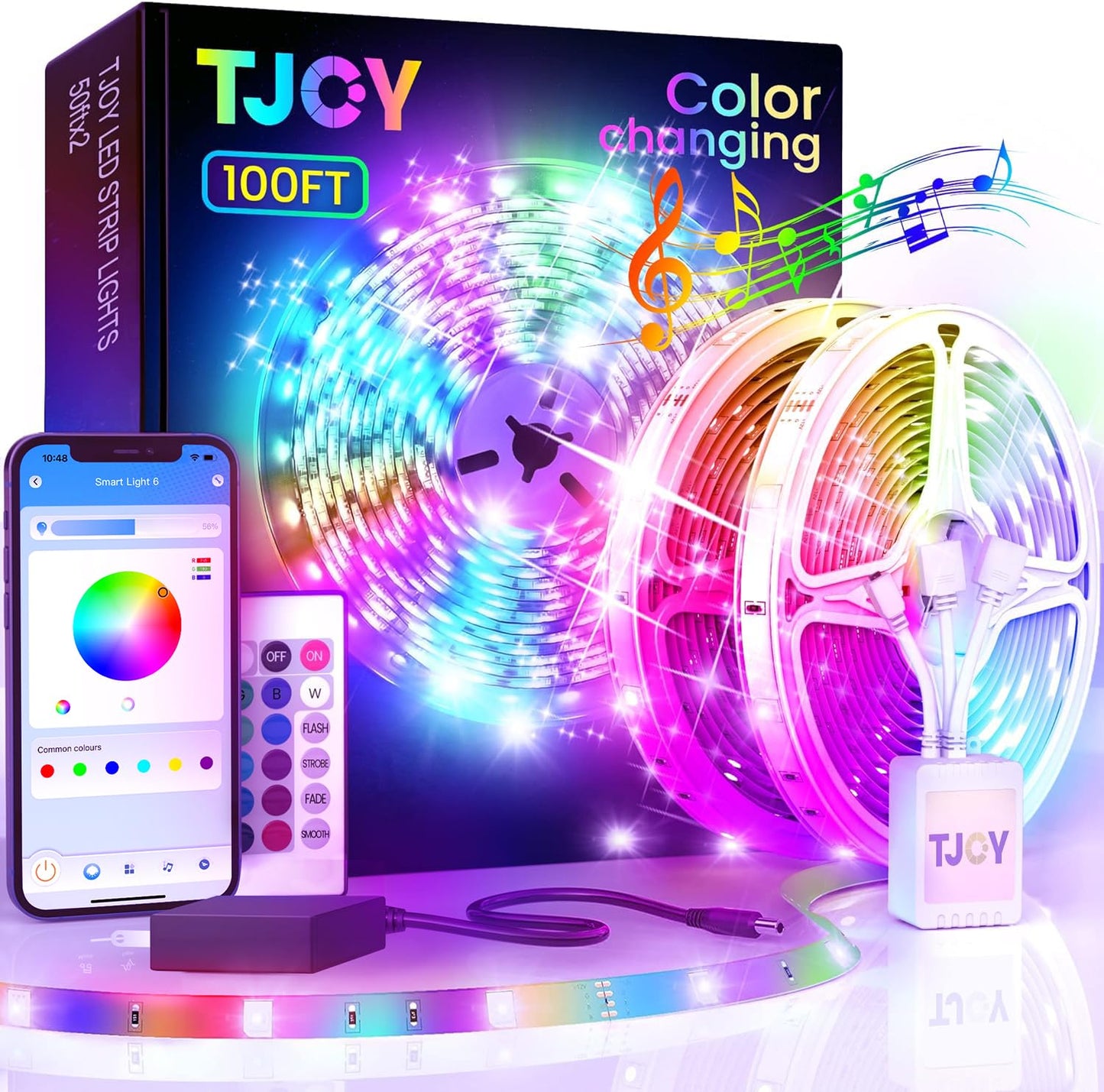 Tjoy 100Ft Bluetooth Led Strip Lights, Rgb Color Changing, Music Sync, App & Remote Control, Vinyl, Multi-Colored