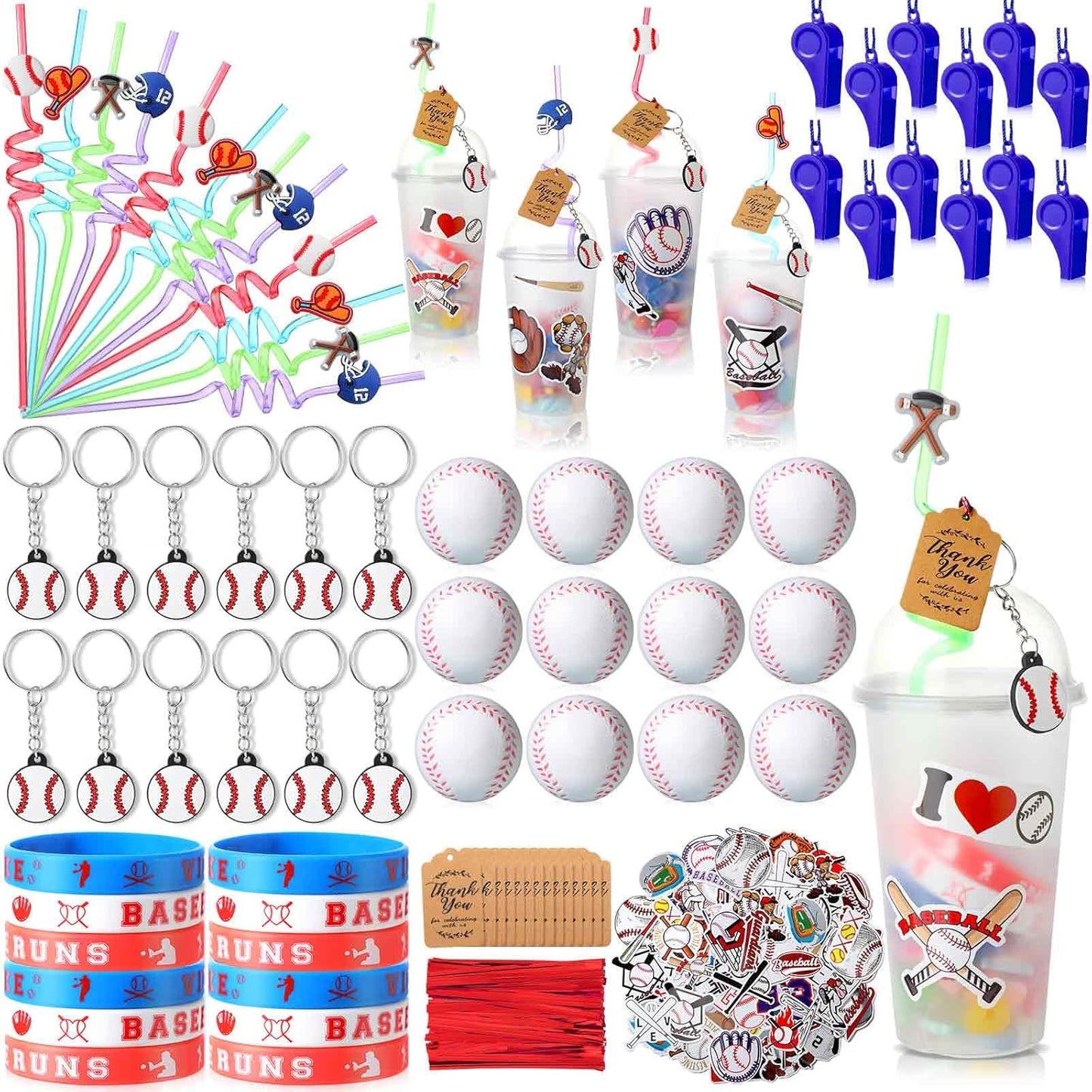 Weysat 184 Pcs Baseball Party Favors Party Supplies with Cup Straw Stress Ball Keychain Sticker Bracelet Whistle Thank You Tags for Birthday Decorations (Baseball)