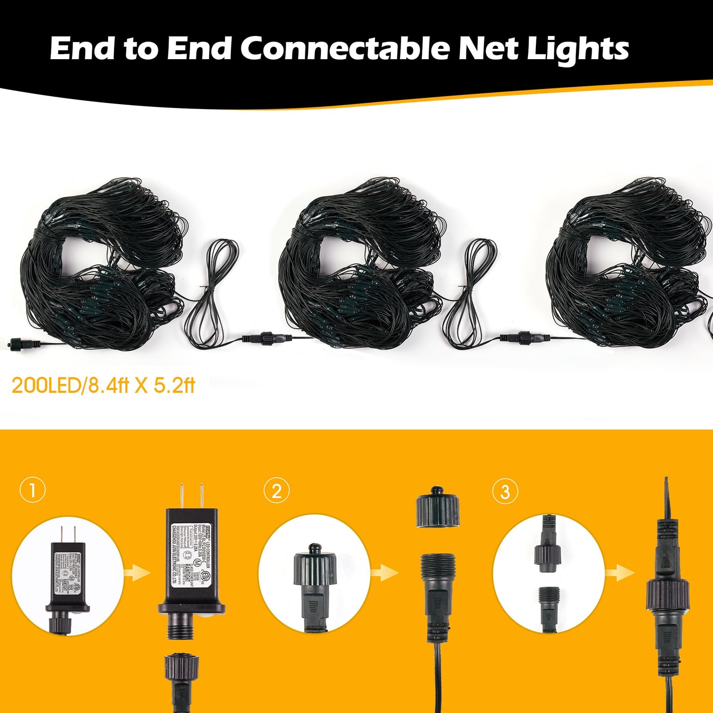 Blctec 200 Led Christmas Net Lights, 8 Modes, Waterproof, Warm White, 8.4Ft X 5.2Ft, Connectable Outdoor Decorations