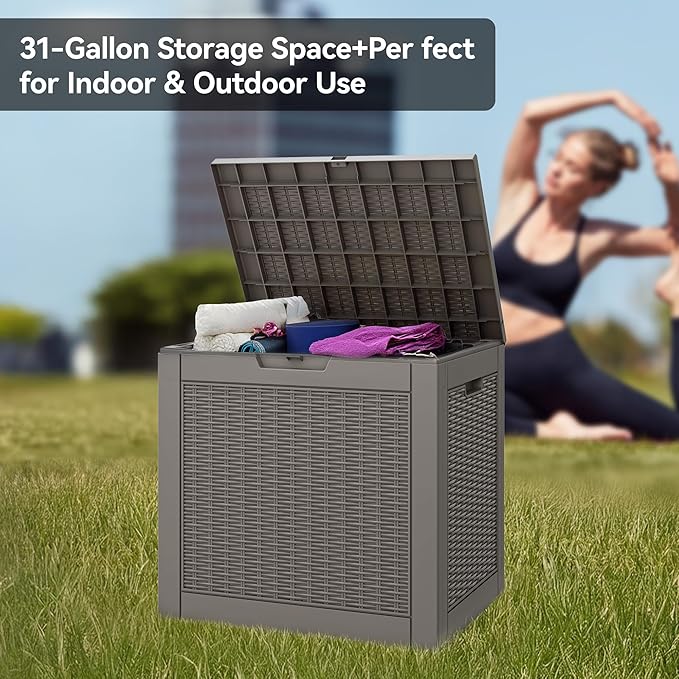 KAMABOKO 30 Gallon Outdoor Storage Box, Resin Deck Boxes Indoor and outdoor, Waterproof Storage Box Lockable Lid for Garden Tools, Package Delivery, Pool Supplies, Patio Cushions, Grey