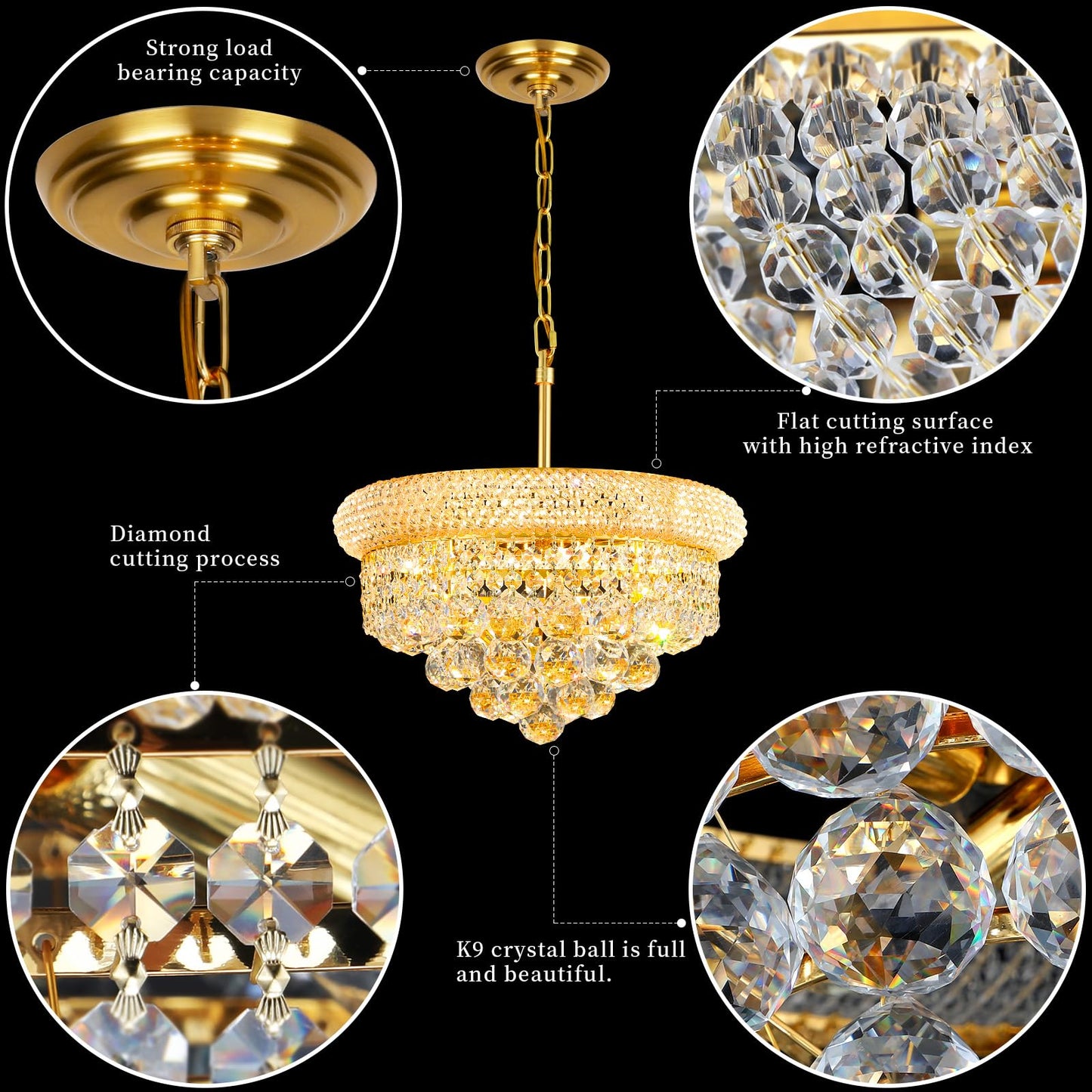 Crystal Chandeliers For Dining Room Light Fixture Over Table  Empire Style K9 Crystal Chandeliers For Bedroom  4 Lights Gold stylish Lighting Fixtures For Entryway Kitchen Island Foyer D15 Inch