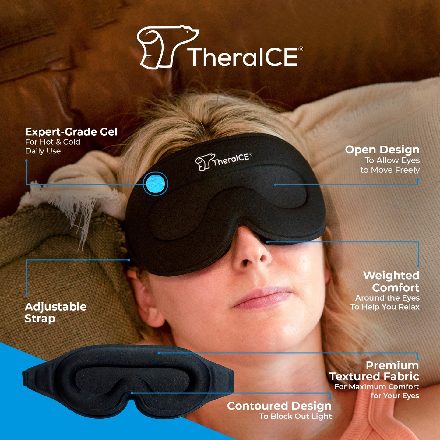 TheraICE Sleep Mask + Cooling Gel Relief - Sleep Eye Mask Blackout Blindfold Cold - 3D Contoured Relaxing No Pressure Eye Cover to Block Light for Comfortable Soothing Night Sleeping/Men & Women