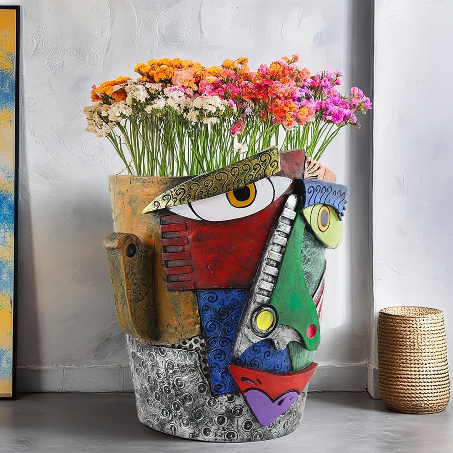 Picasso-Inspired Abstract Face Flower Pot | Unique Head Planter with Drainage Hole | Vibrant Colors & Quirky Art Decor (Frowning Expression)