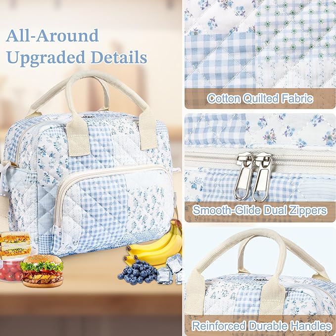 Quilted Lunch Box for Women,Large Blue Floral Insulated Lunch Bag for Adult,Cute Lunch Tote Bags for Work Picnic Travel(green blue pin,M)