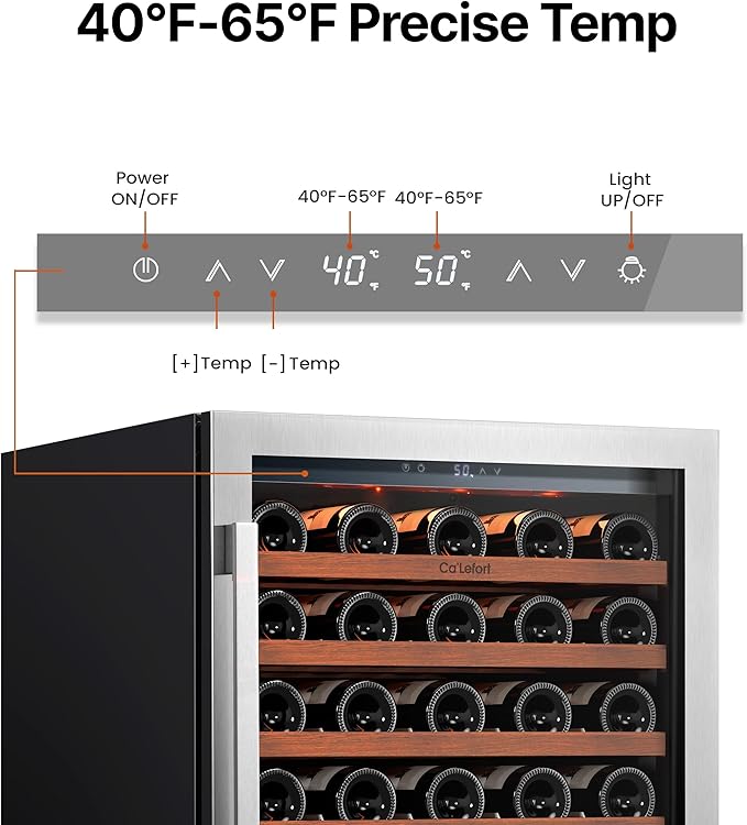 Ca'Lefort 24 Inch Wine Cooler Refrigerator, 61 Bottles Wine Coolers with Glass Door, 3 LED Built-in Compressor Fridge with Adjustable Shelves for Home Office Bar (5.65 cu.ft)