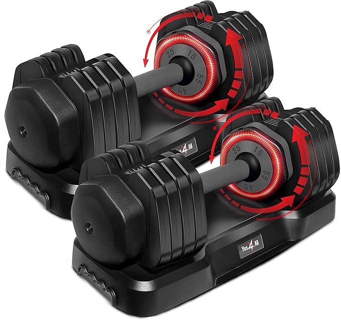 Yes4All 25/55LB Single/Pair Adjustable Dumbbells Weights, 5 in 1 Free Weights Dumbbell with One Second Dial Handle for Dif...