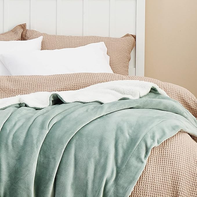 Bedsure GentleSoft Sherpa Fleece Blankets Queen Size for Bed - Thick and Warm, Soft Fuzzy Plush Queen Blanket for Winter, Sage Green, 90x90 Inches