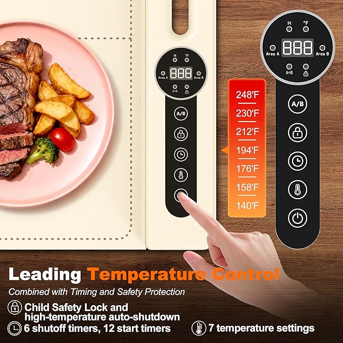 Warming Mat for Food, Roll-UP Fast Heating Silicone with 6 Level Temperature, 2 Zone and 3 Pad Parallel Expansion, Automatic On-Off Timer Setting