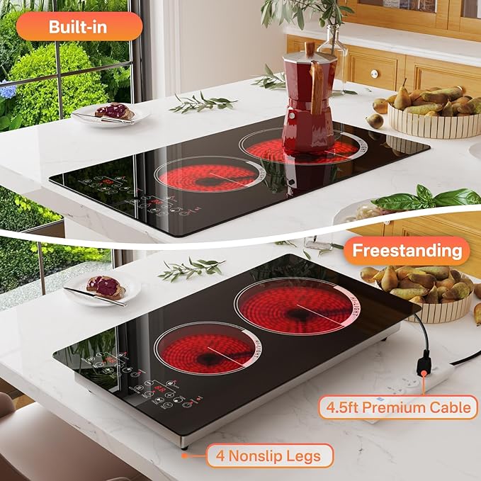 Alemania 12 inch Electric Cooktop 2 Burner Infrared Stove, 2000W Plug in Hotplate Double Heating Elements Stove for Cooking, 120V Ceramic Hot Plate, Built-in and Countertop Compatible