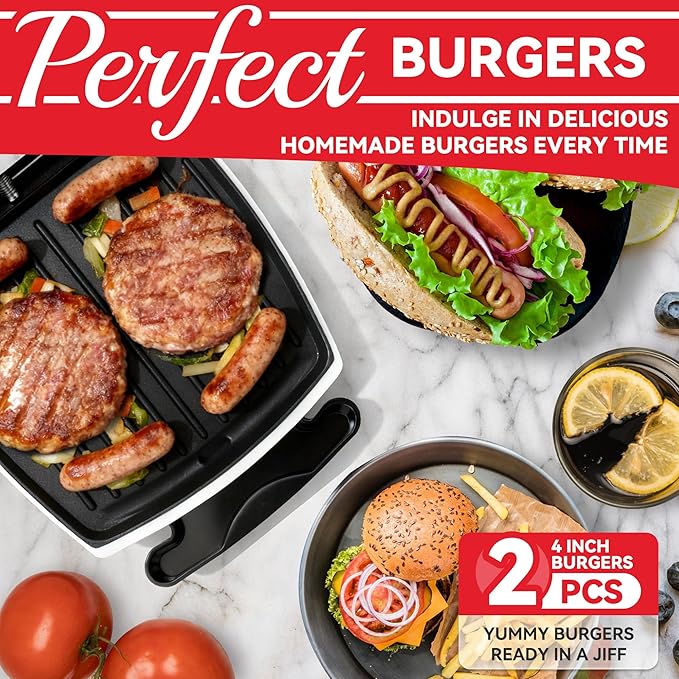 2 In 1 Hamburger Grill Maker, Electric Indoor Grill and Panini Press with Non-stick Grill Plates, 1200W, Easy to Clean and Store, White