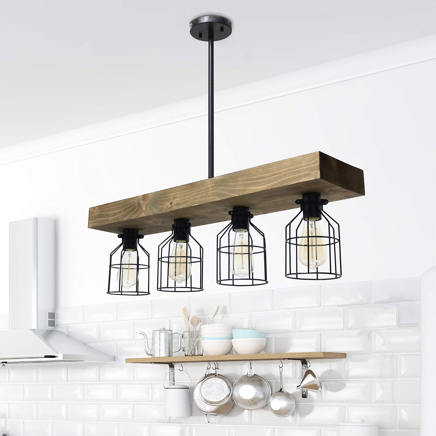 Elegant Designs CH1001-RWD 4 Light Rustic Farmhouse Cage Pendant Chandelier, Wood, Restored Wood
