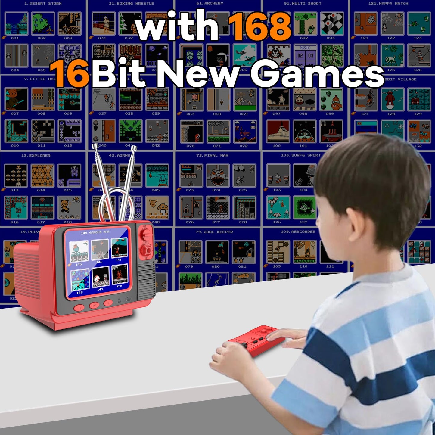 Handheld Game for Kids -Preloaded 168 Retro Video Games, Portable Gaming Player Support Two Players 3.0" LCD Screen, Mini TV Electronic Toy Gifts for Boys Girls