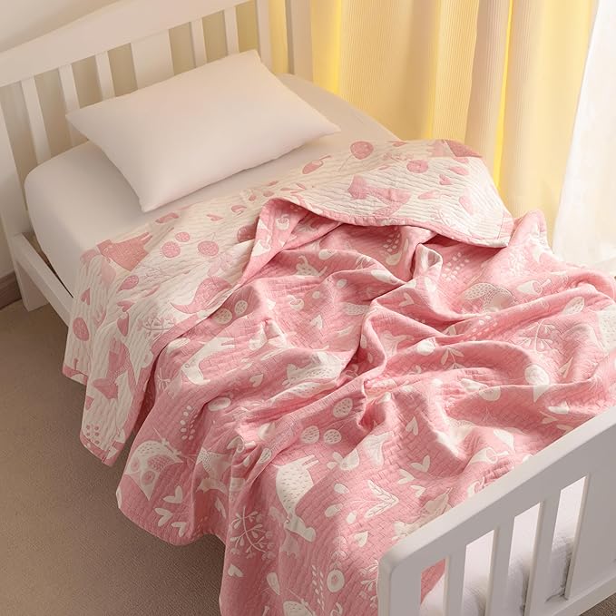 NTBAY 3 Layer Toddler Blanket, Muslin Cotton Jacquard Bed Blankets, Lightweight Thermal Baby Blanket, Super Soft and Warm Crib Blanket for All Seasons, Decoration Gift, 45"x60", Pink Owl