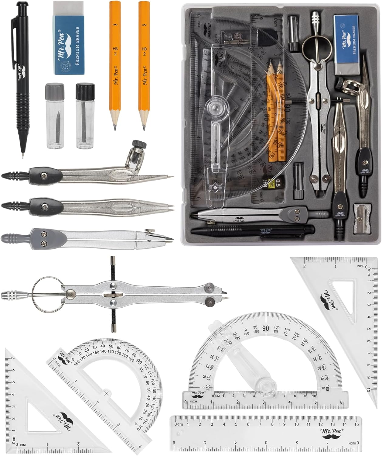 Mr. Pen Geometry Set with 6 Inch Swing Arm Protractor, Divider, Set Squares, Ruler, Compasses and Protractor, 15 Piece Set