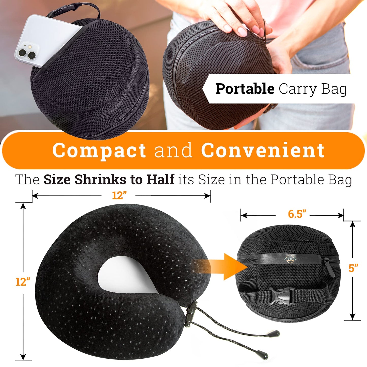 Aeris Memory Foam Travel Pillow for Airplanes - Best Airplane Neck Pillow for Long Flights - Plane Accessories Carry Bag to Save Space, Ear Plugs and Eye Mask - Perfect Flight Set & Gift