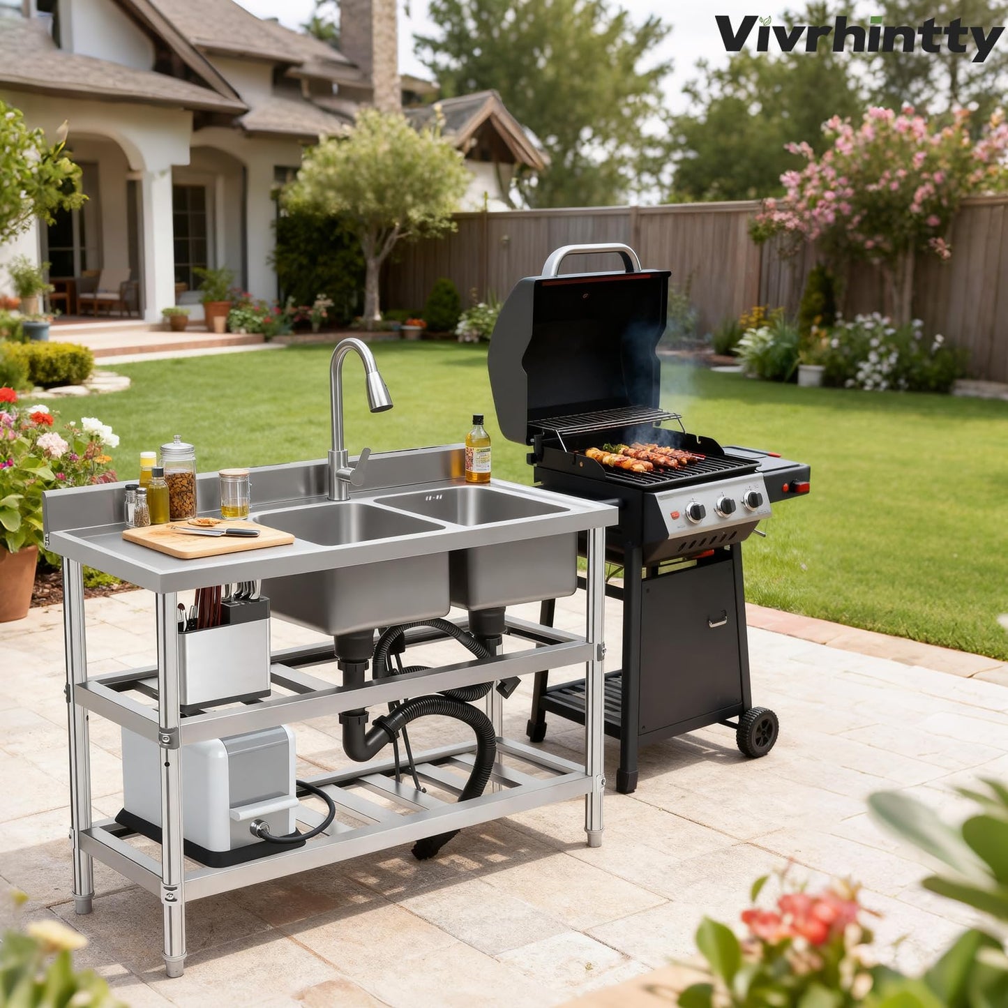 Vivrhintty Free Standing Kitchen Sink with Workbench, Stainless Steel Utility Sink with Set for Commerical, Outdoor, Garage, Laundry Room Use (47.24"D x 17.72"W x 31.89"H)