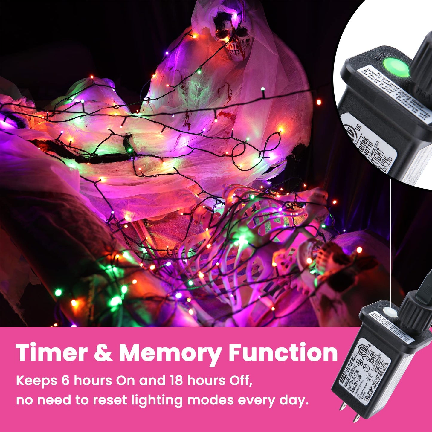 Jnaurb Halloween String Lights, 300 LED, 114ft, Waterproof, 8 Modes, Orange, Green & Purple, Model LED0823300