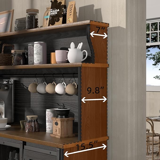 Farmhouse Coffee Bar Cabinet with 3 Tier Storage Hutch, 47'' Coffee Bar Station with Sliding Barn Door, Hutch Storage Cabinet with 9 Wine Racks & 9 Hooks for Kitchen Dining Living Room