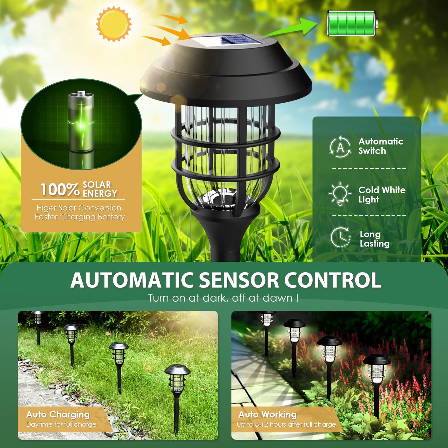 Solpex Solar Outdoor Path Lights, 8 Pack Cold White, Waterproof Landscape Lighting For Garden, Yard, Patio, Model 8348-X