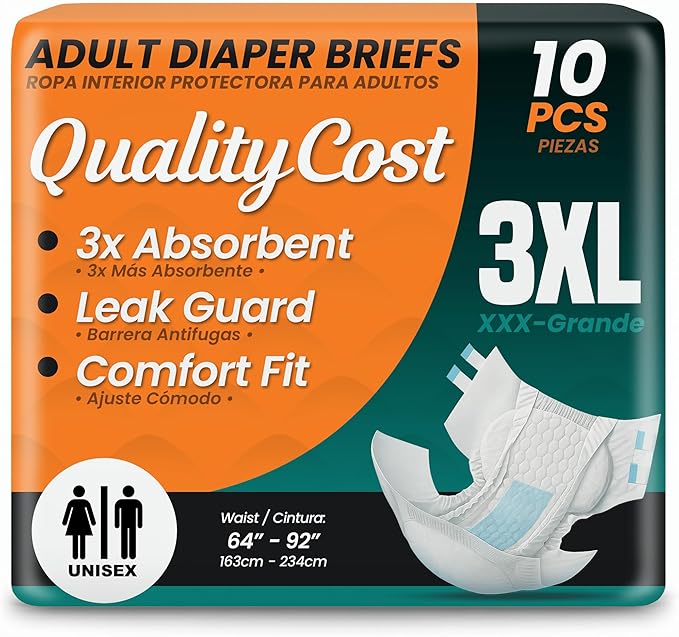 QualityCost Adult Incontinence Underwear Briefs with Tabs, 10Pack, Unisex Heavy Duty Briefs, Maximum Absorbency, Leak Proof, Disposable Pull-Ups for Overnight Protection, Size 3XL (64-92 inch Waist)