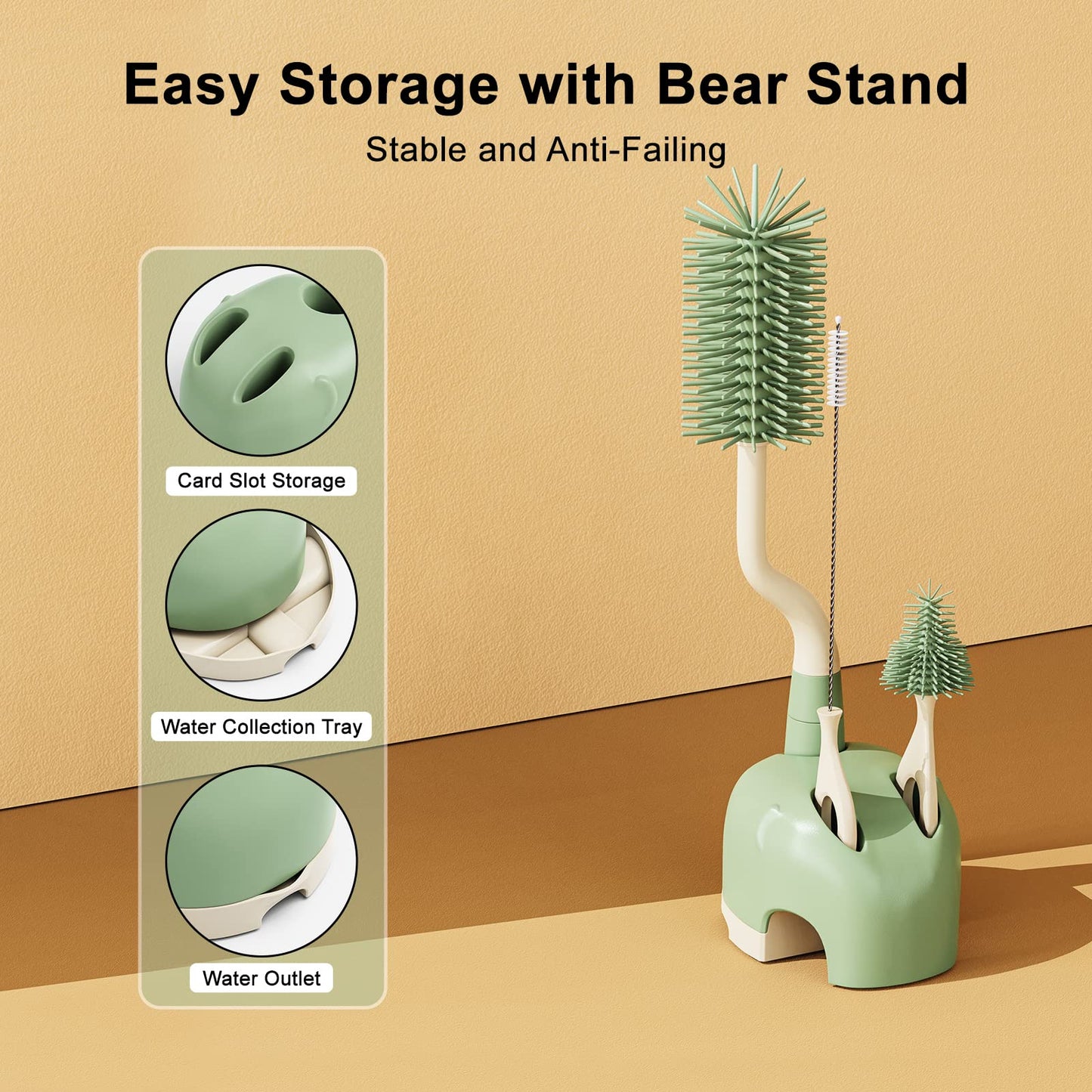 ePiiChua Silicone Bottle Brush Set with Stand, 360° Rotating Bottle Cleaning Brush Cleaner Set, Long Handle 3 in 1 Multipurpose Silicone Baby Bottle Straw Cleaner Brush (Green)