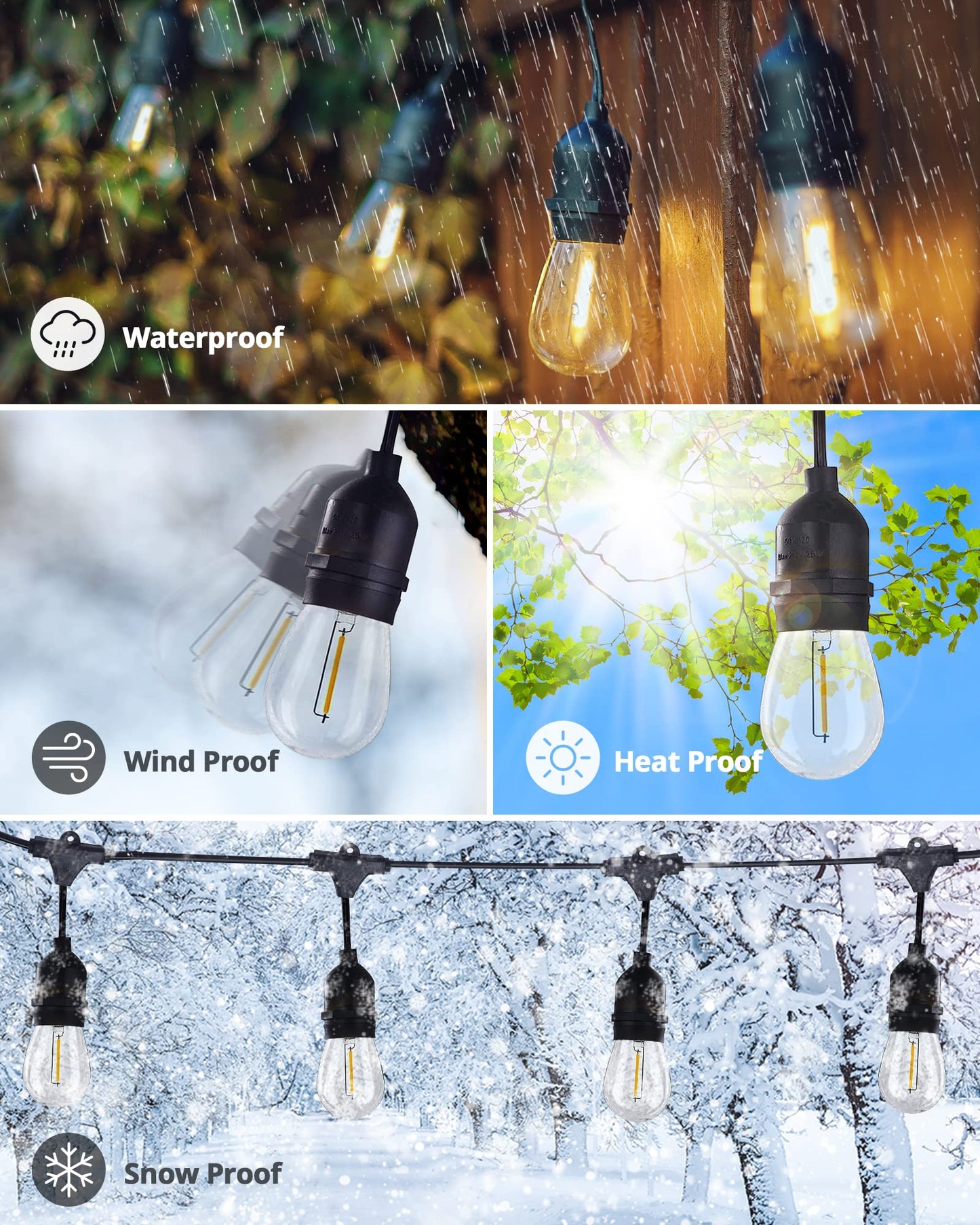 SUPERDANNY 52FT Outdoor LED String Lights, Shatterproof, 2700K Warm White, 24 Sockets, 26 Plastic Bulbs, Commercial Grade
