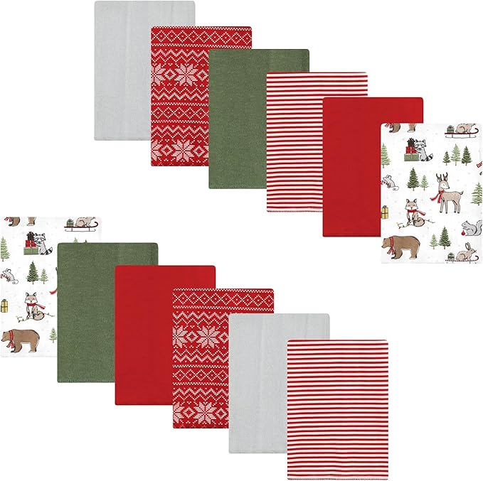 Luvable Friends Hudson Baby Flannel Burp Cloths 12pk, Holiday Forest