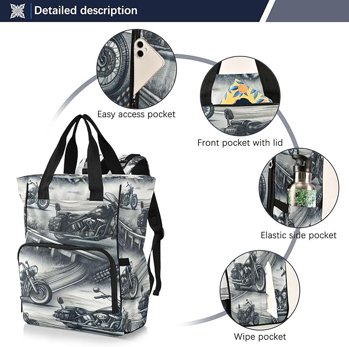 High Way Motorcycles Diaper Bag Backpack, Unisex Travel Baby Backpack Diaper Bags with Stroller Straps & Pacifier Case, Large Capacity Waterproof Diaper Backpack