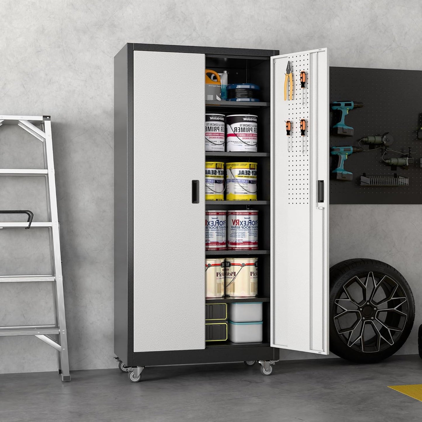 71"H×32"W×16"D Garage Storage Cabinet with Wheels & Pegboard, Locking Metal Storage Cabinet with Doors and 5 Adjustable Shelves & & 4 Hooks for Garage Warehouse Home Office, Black and Silvery