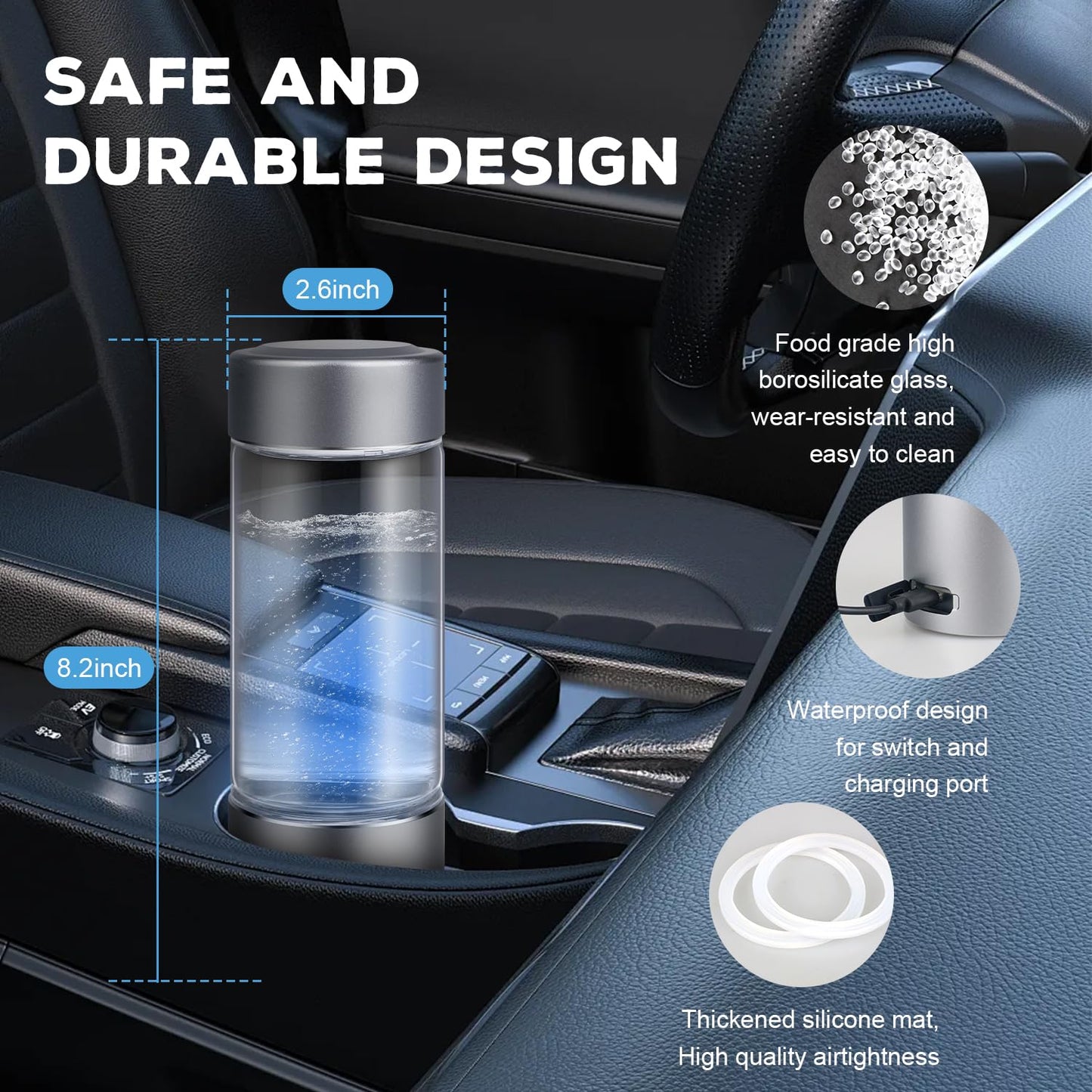 Hydrogen Water Bottle Generator with 4th Generation SPE/PEM Technology, Portable Hydrogen Water Ionizer Machine, Birthday,Xmas Gift for Husband,Wife,Lovers,Friends,Travel (Gray, 9.05in*Φ2.64in)