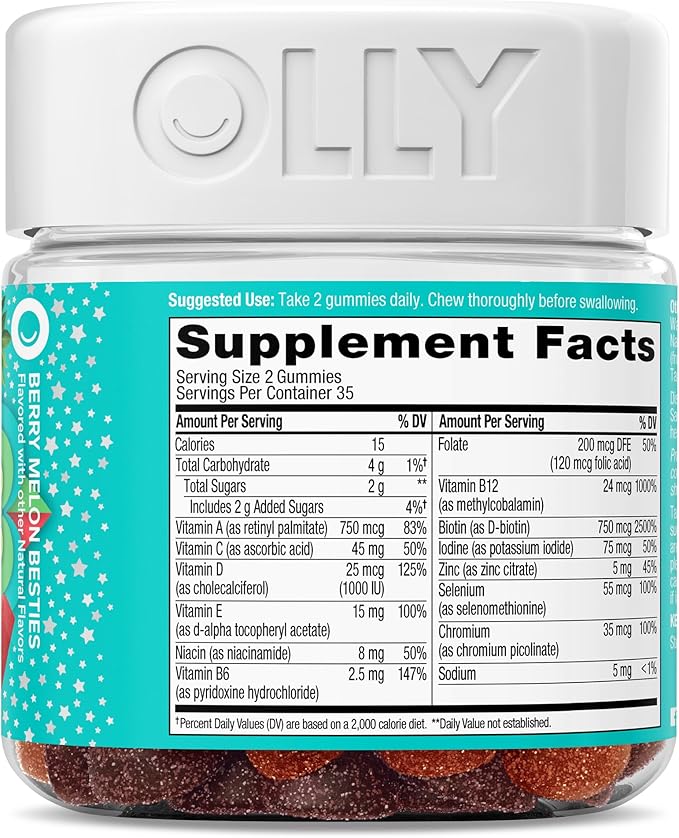Olly Teen Girl Multi Gummy, Healthy Skin and Immune Support, 15 Essential Vitamins, Biotin, Zinc, Calcium, Chewable Multivitamin, Berry Melon, 35 Day Supply, 70 Count